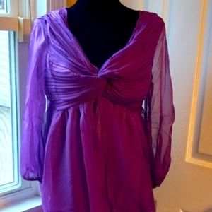 Chiffon Baby Doll Bubble Hem Mini Dress 3/4 Puff Sleeve in Purple NWT MED